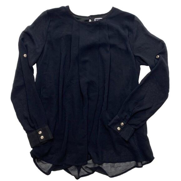 Another Story Tunic Blouse Top Women's MEDIUM Black Sheer Overlay Roll-Tab Scoop - Picture 8 of 10